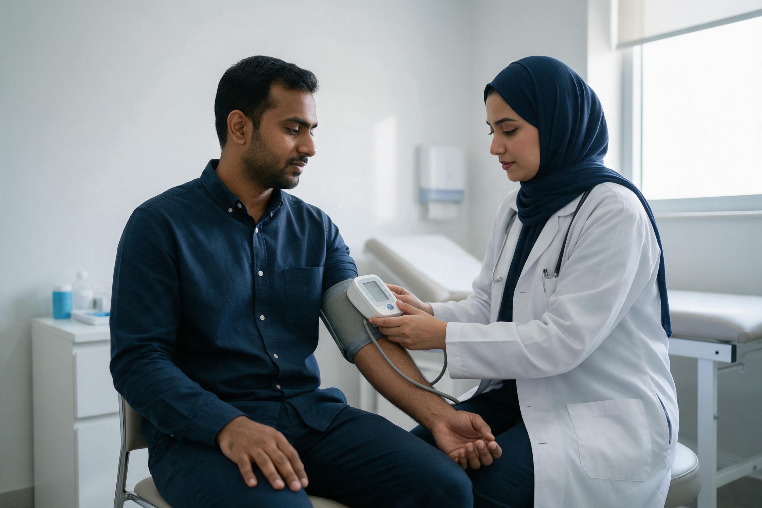 مقيم يجري فحص ضغط الدم في عيادة بالرياض ضمن الفحص الطبي للإقامة