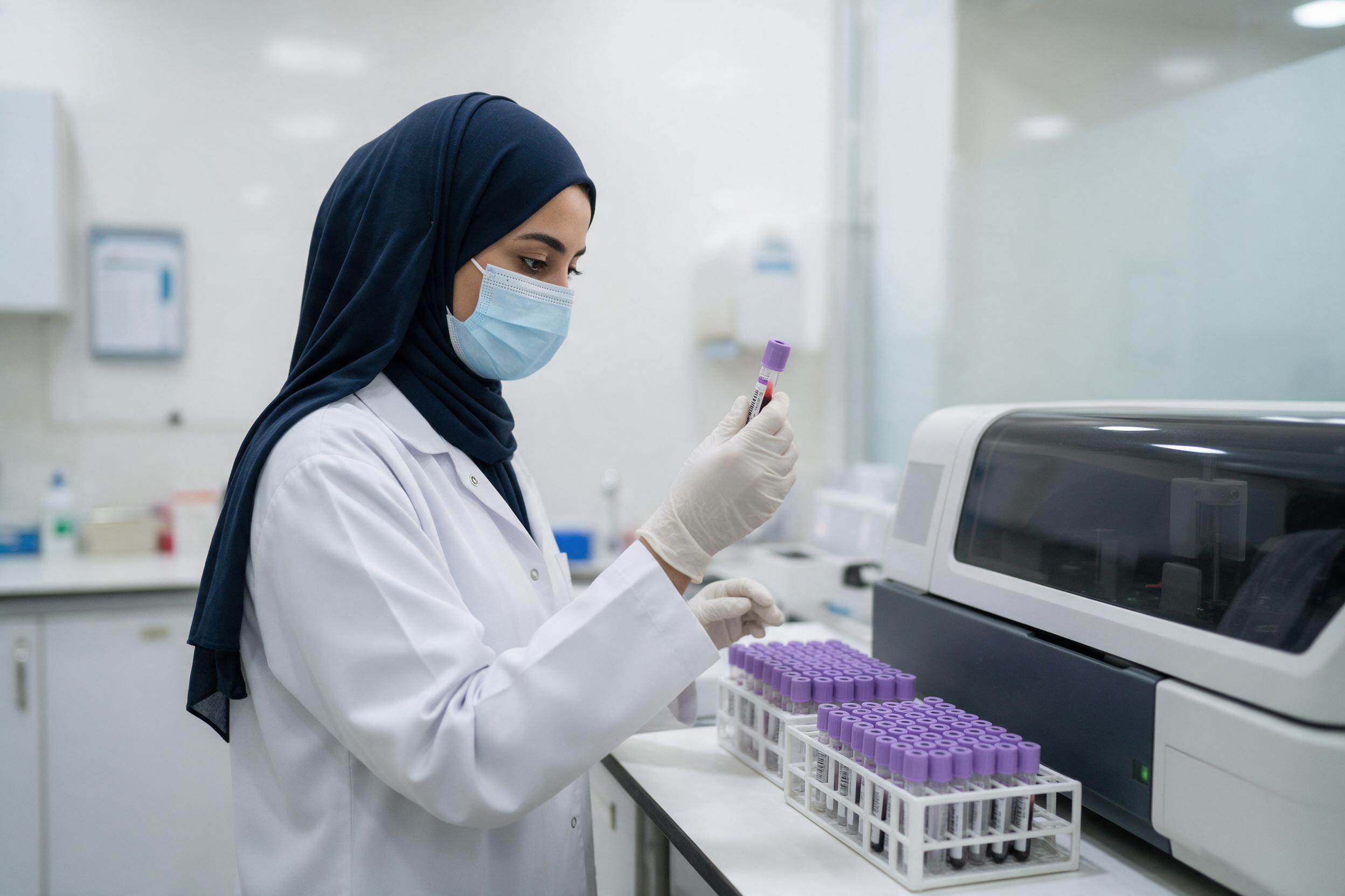 فنية مختبر تفحص عينة دم ضمن فحوصات الإقامة والابتعاث في الرياض